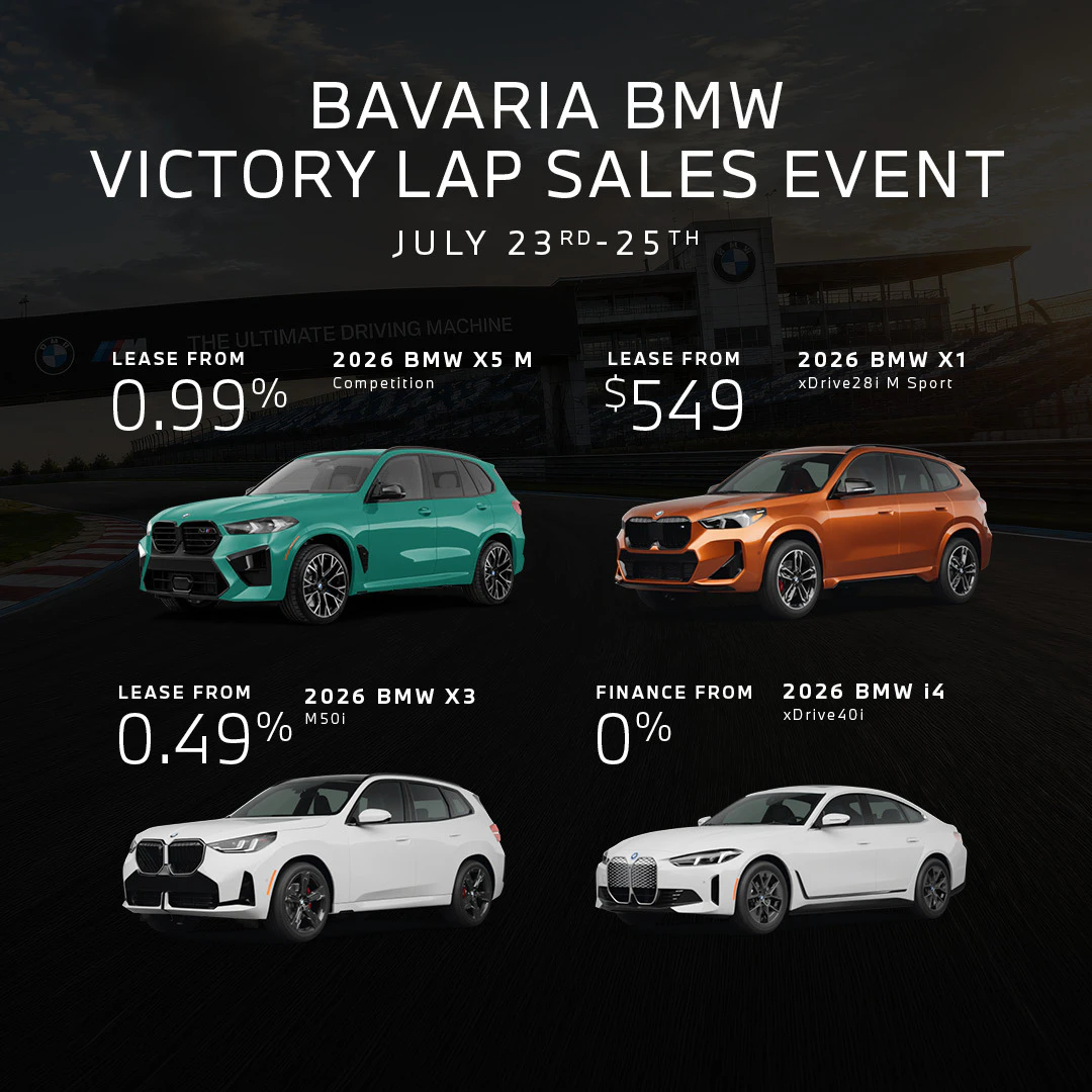 Bavaria BMW Victory Lap Sales Event featuring 2026 BMW X5 M, X1, X3, and i4 models with lease and finance offe