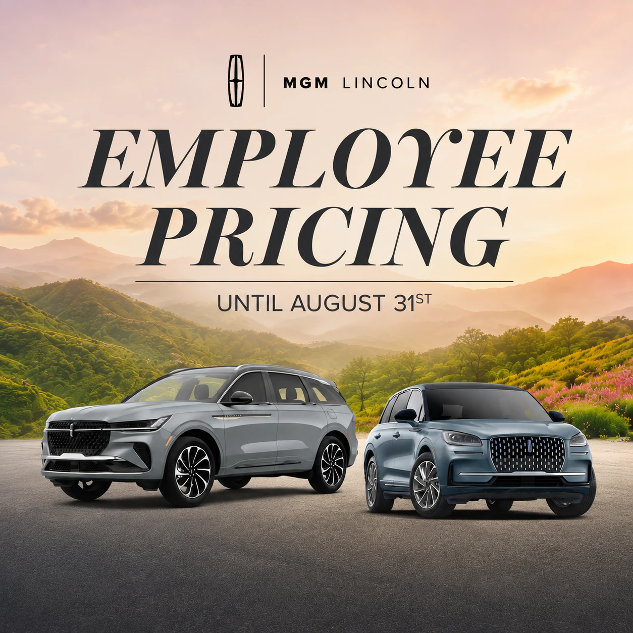 MGM Lincoln Employee Pricing promotion featuring the 2026 Lincoln Nautilus and 2026 Lincoln Corsair with limited-time Employee Pricing until August 31.