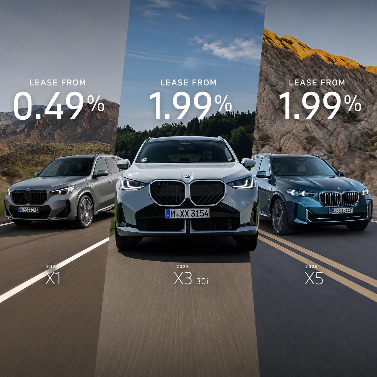 Three 2025 BMW SUVs including the X1, X3 30i and X5 displayed with promotional lease rates of 0.49%, 1.99% and 1.99% against dramatic outdoor driving scenery.