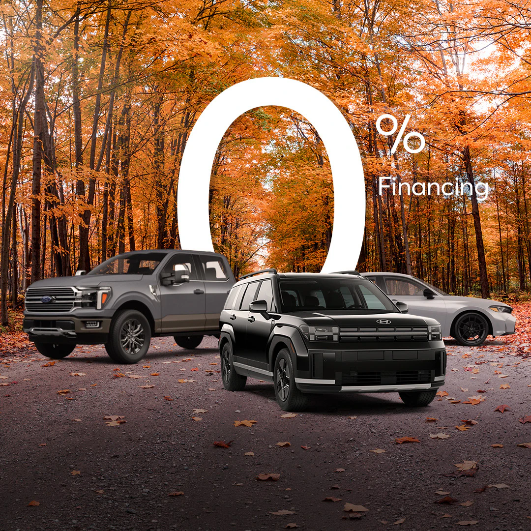 Three vehicles parked on a road surrounded by orange fall trees, with large text reading “0% Financing