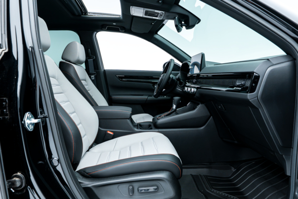 2026 Honda CR-V front interior with two-tone seats, dashboard, centre console and sunroof.