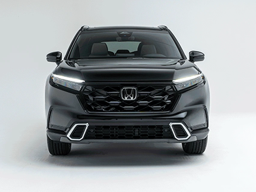 GIF showcasing multiple exterior views and features of a black 2026 Honda CR-V, including front, side and rear angles on a white studio background.