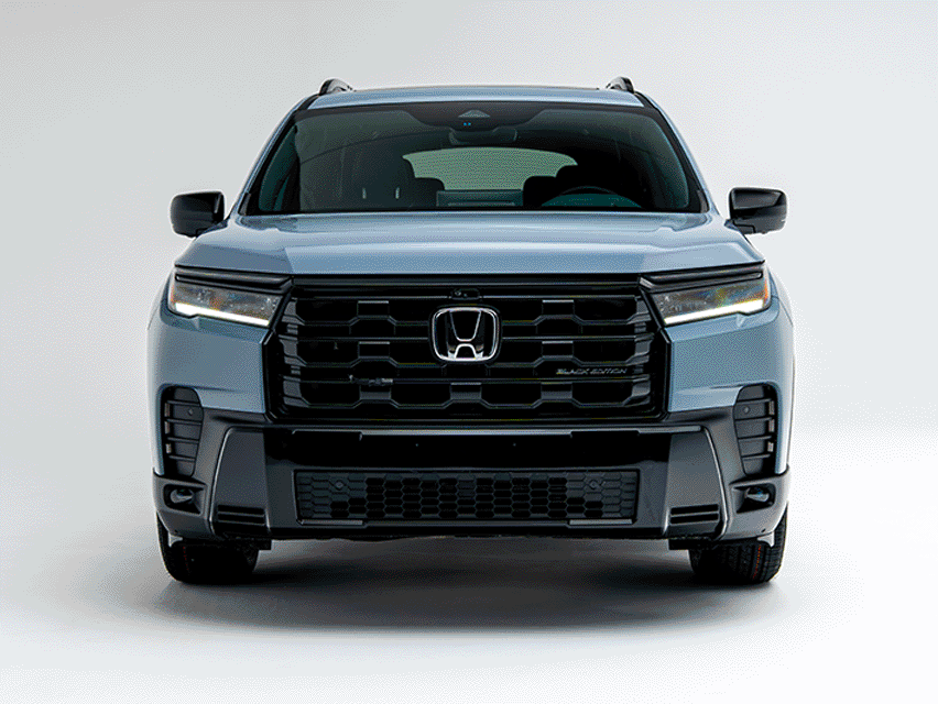 GIF featuring a blue Honda Pilot from multiple angles, highlighting its exterior design, wheels and rear styling.