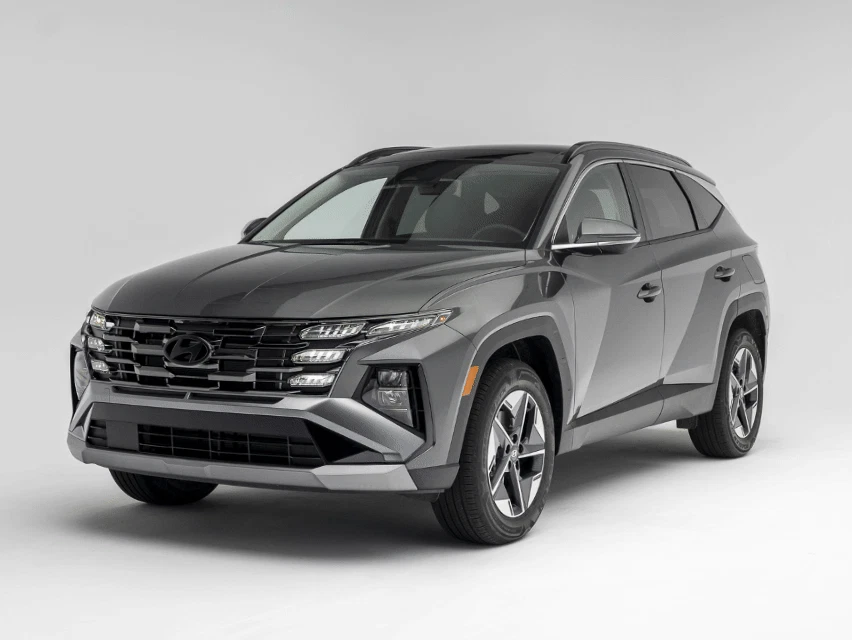 2026 Hyundai Tucson in grey, shown from multiple exterior angles in a rotating studio GIF.