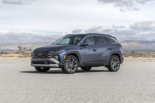 Blue Hyundai Tucson SUV parked in a desert landscape