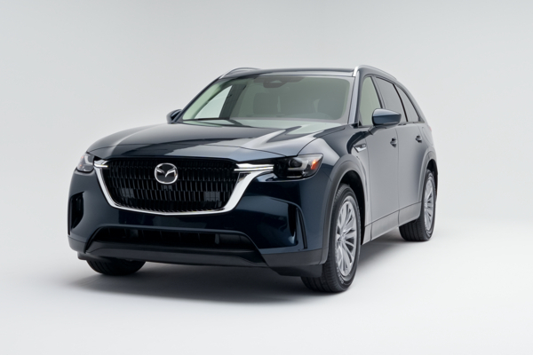 Front three-quarter view of a blue 2026 Mazda CX-90 showing LED headlights, grille, alloy wheels and SUV profile.