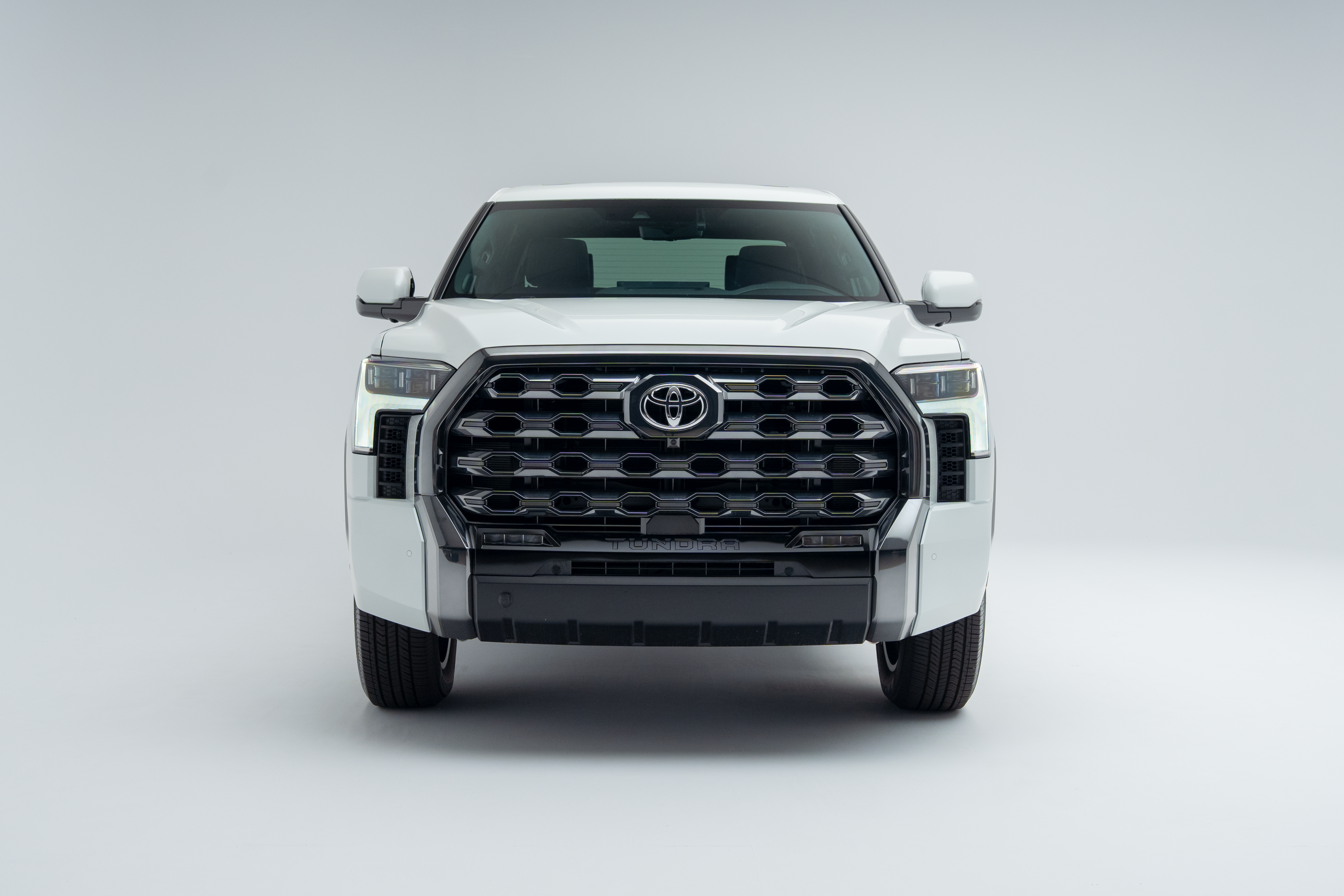 Front view of a 2026 Toyota Tundra showing LED headlights, grille and front fascia.