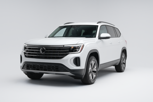 Front three-quarter view of a white 2026 Volkswagen Atlas Comfortline showing the grille, headlights and alloy wheels.