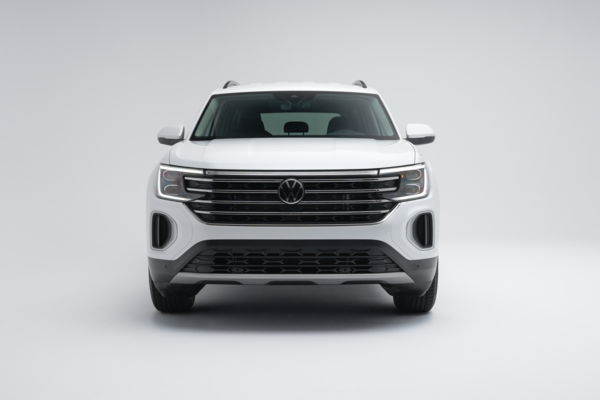 Front view of a white 2026 Volkswagen Atlas Comfortline showing the grille, headlights and front bumper.