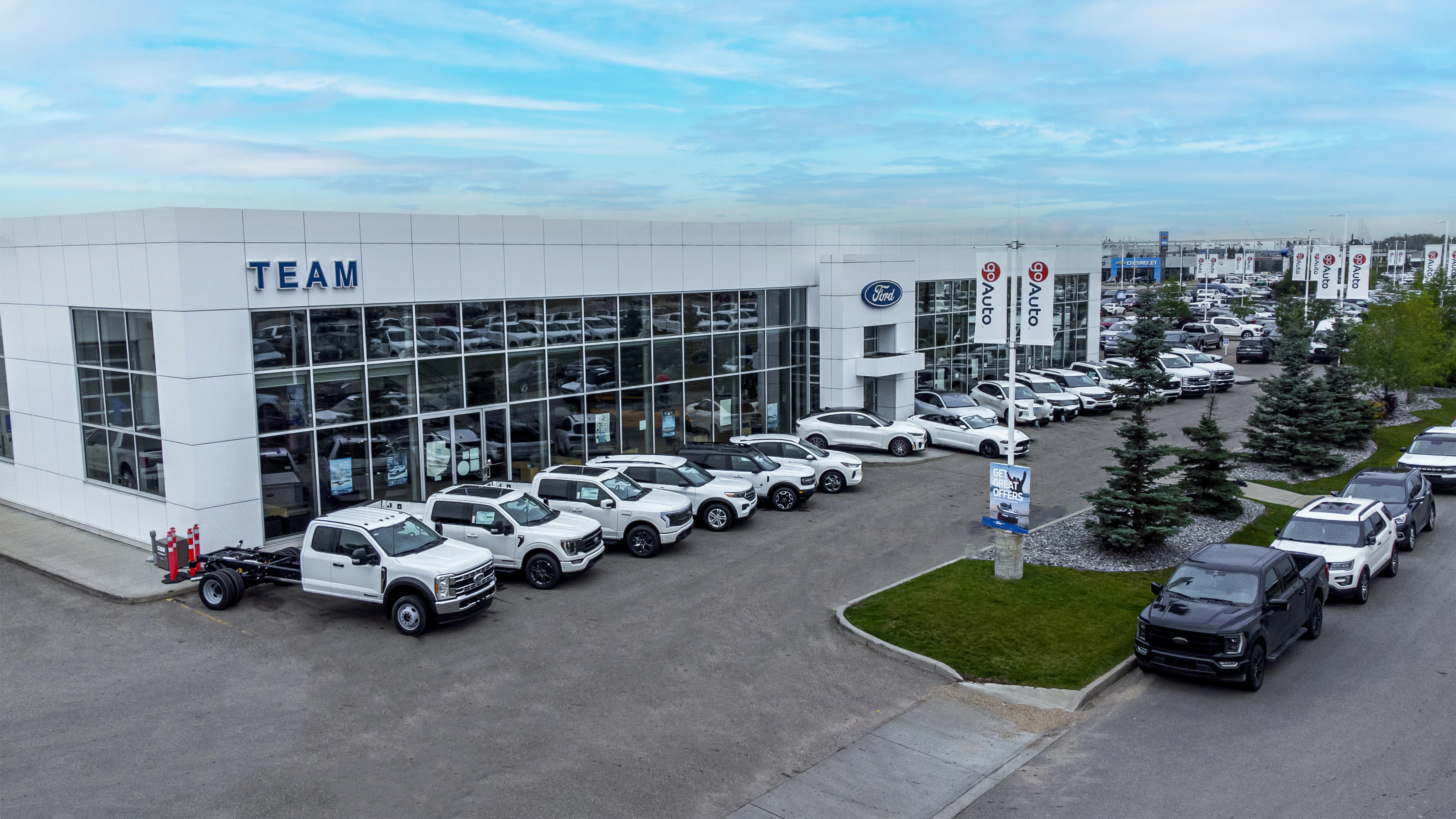 Team Ford dealership exterior with inventory of white Ford vehicles displayed in lot