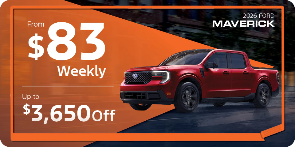 2026 Maverick from $83 weekly or up to $3,650 off at Team Ford in Edmonton, Alberta.