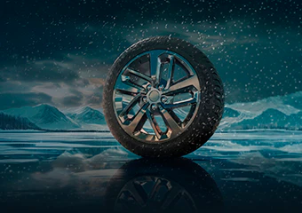 winter tire in a mountain snowy landscape