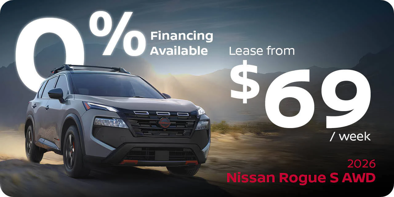 Hero banner promoting Nissan lease and finance offers featuring the 2026 Nissan Rogue S AWD, 2026 Nissan Kicks S FWD and 2026 Nissan Sentra S. Lease offers start from $69/week for the Rogue, $72/week for the Kicks and $59/week for the Sentra. A large "0% Financing Available" message is displayed prominently across the center with each vehicle shown against a modern urban backdrop.
