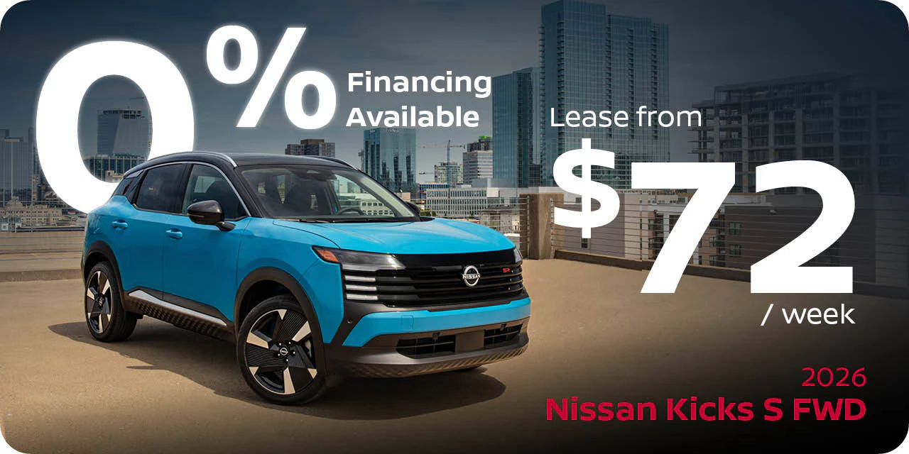 Hero banner promoting Nissan lease and finance offers featuring the 2026 Nissan Rogue S AWD, 2026 Nissan Kicks S FWD and 2026 Nissan Sentra S. Lease offers start from $69/week for the Rogue, $72/week for the Kicks and $59/week for the Sentra. A large "0% Financing Available" message is displayed prominently across the center with each vehicle shown against a modern urban backdrop.