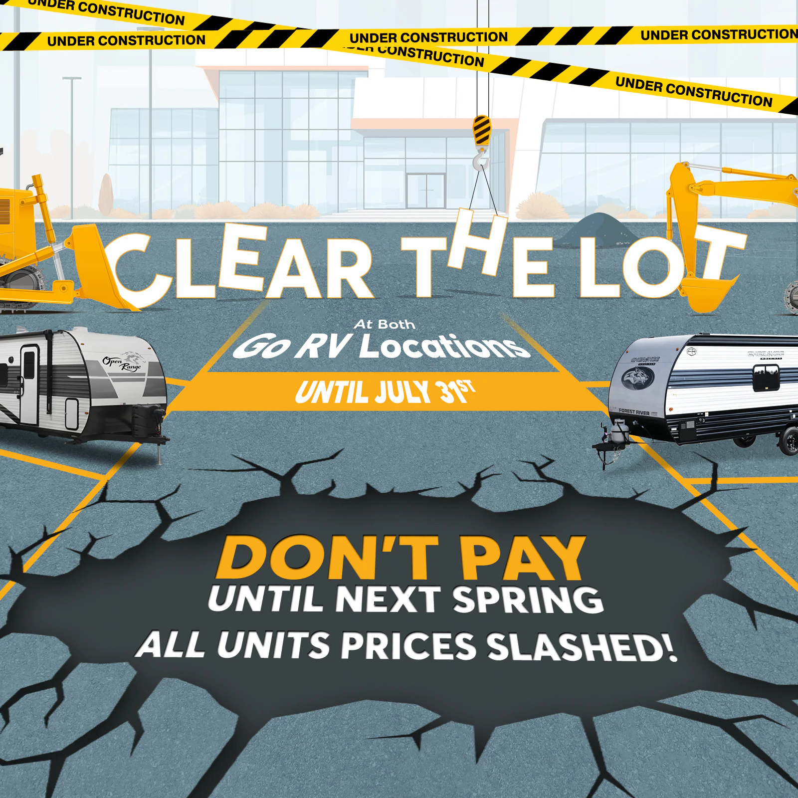 RV clearance sale promotion showing travel trailers with slashed prices and payment deferral offer at Go RV lo