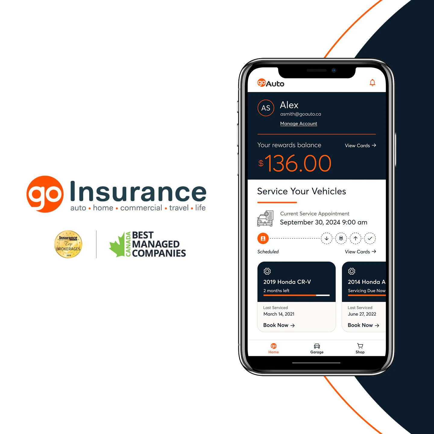 Smartphone displaying Go Auto Insurance mobile app with account dashboard showing rewards balance and vehicle