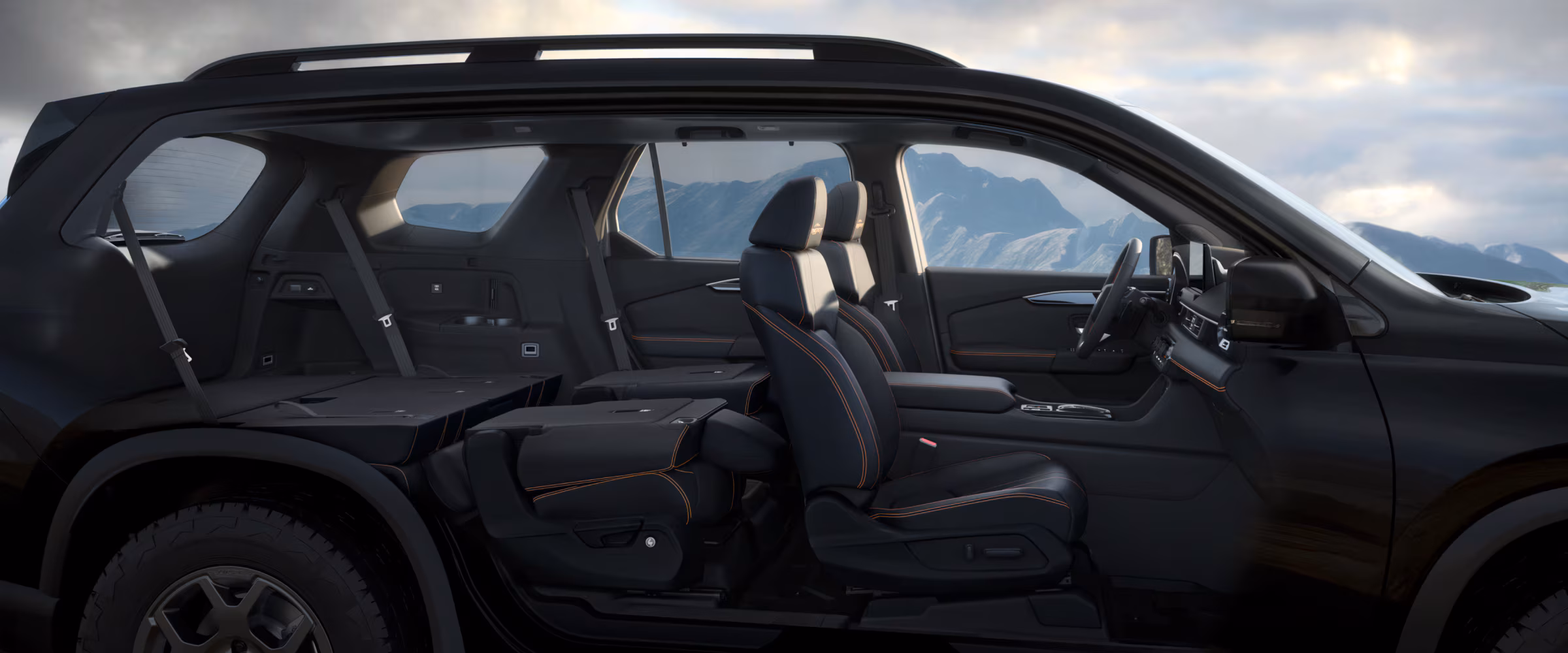 2026 Honda Pilot interior with back seats down.