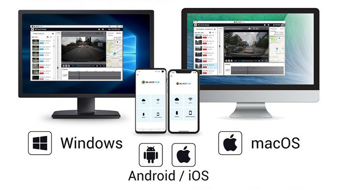 Image of compatible devices with dash cam app: android, ios, windows, and mac