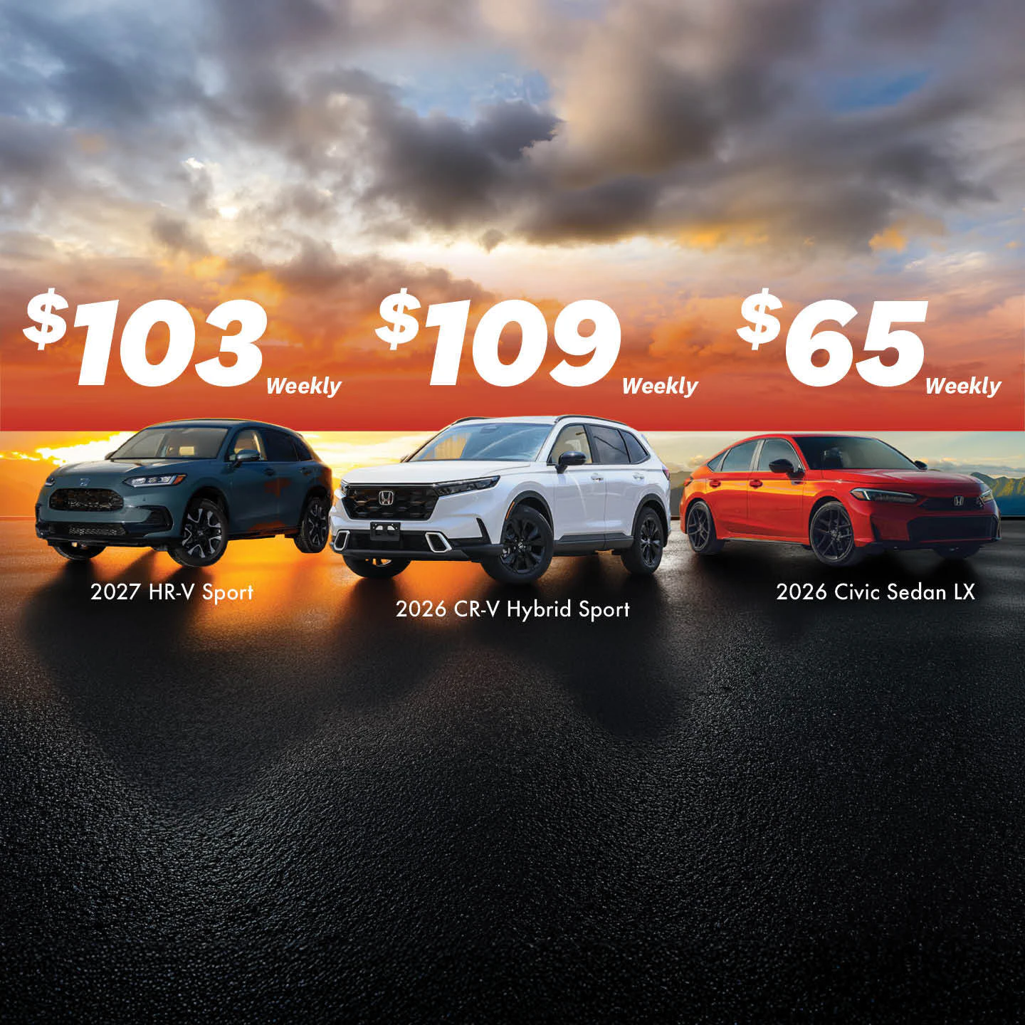 St. Albert Honda June offers: 2027 HR-V Sport from $103 weekly, 2026 CR-V Hybrid Sport from $109 weekly, 2026 Civic Sedan LX from $65 weekly.