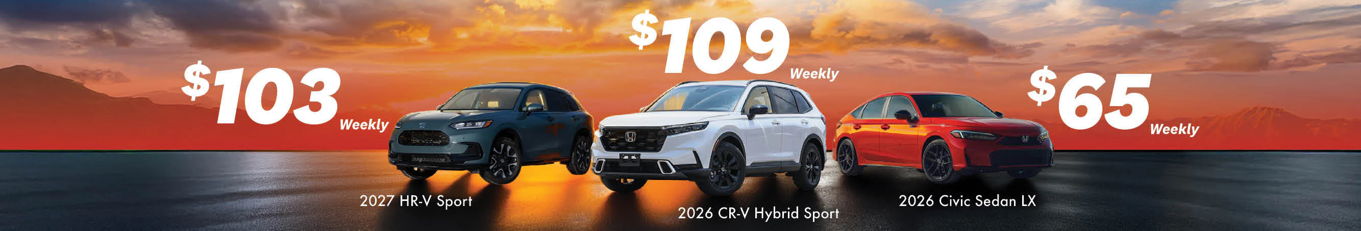St. Albert Honda June offers: 2027 HR-V Sport from $103 weekly, 2026 CR-V Hybrid Sport from $109 weekly, 2026 Civic Sedan LX from $65 weekly.
