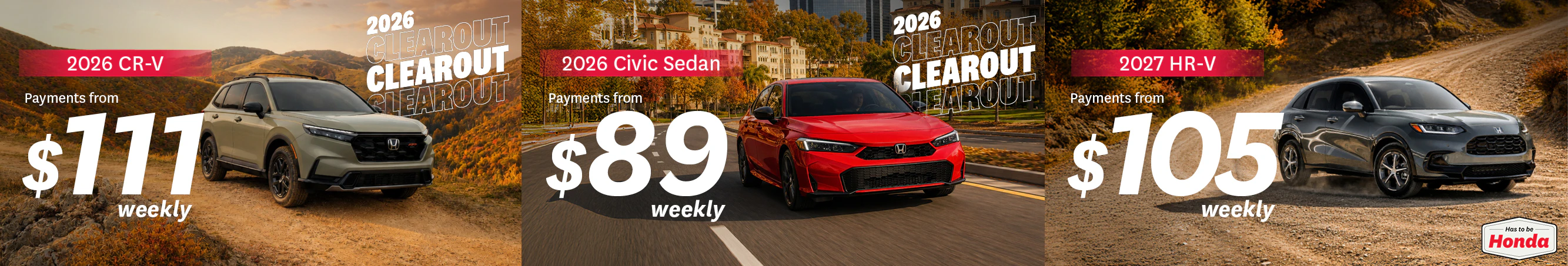 St. Albert Honda September Offers: Lease a 2026 CR-V from $111 weekly PLUS 2026 clearout, lease a 2026 Civic Sedan from $89 weekly PLUS 2026 clearout, lease a 2027 HR-V from $105 weekly. Only until September 30, 2026.