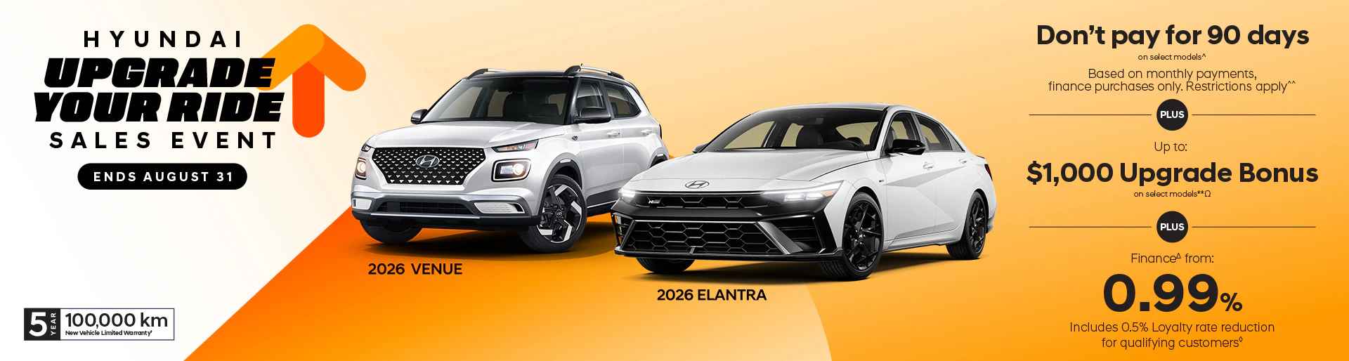 Hyundai Upgrade Your Ride Sales Event Ends August 31. Don't pay for 90 days, up to $1,000 upgrade bonus, and finance from 0.99%. 2026 Venue. 2026 Elantra.