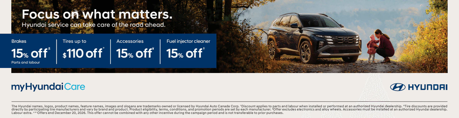 Hyundai Service Specials: 15% off brakes, tires up to $110 off, 15% off accessories, 15% off fuel injector cleaner. Expires December 20, 2026.