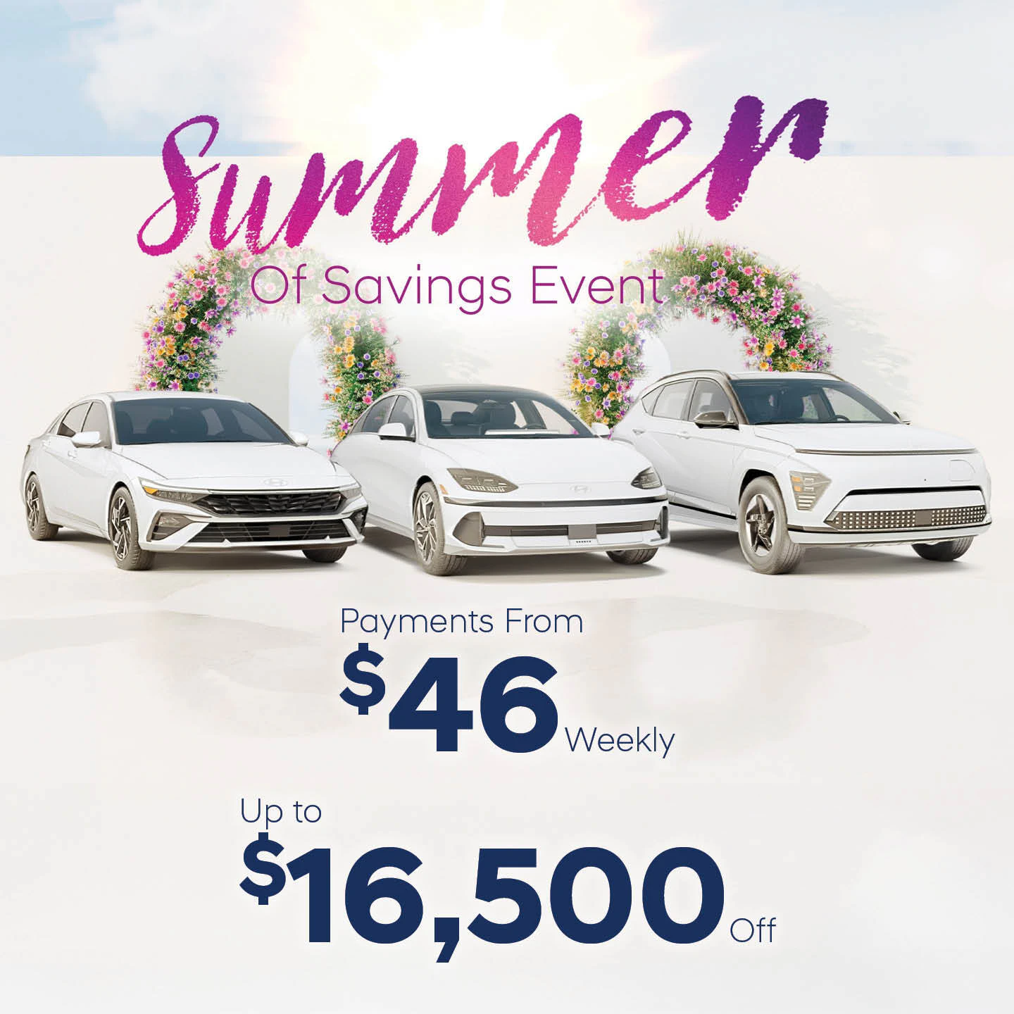 Three white vehicles displayed under flowering arches for Summer of Savings Event promotion