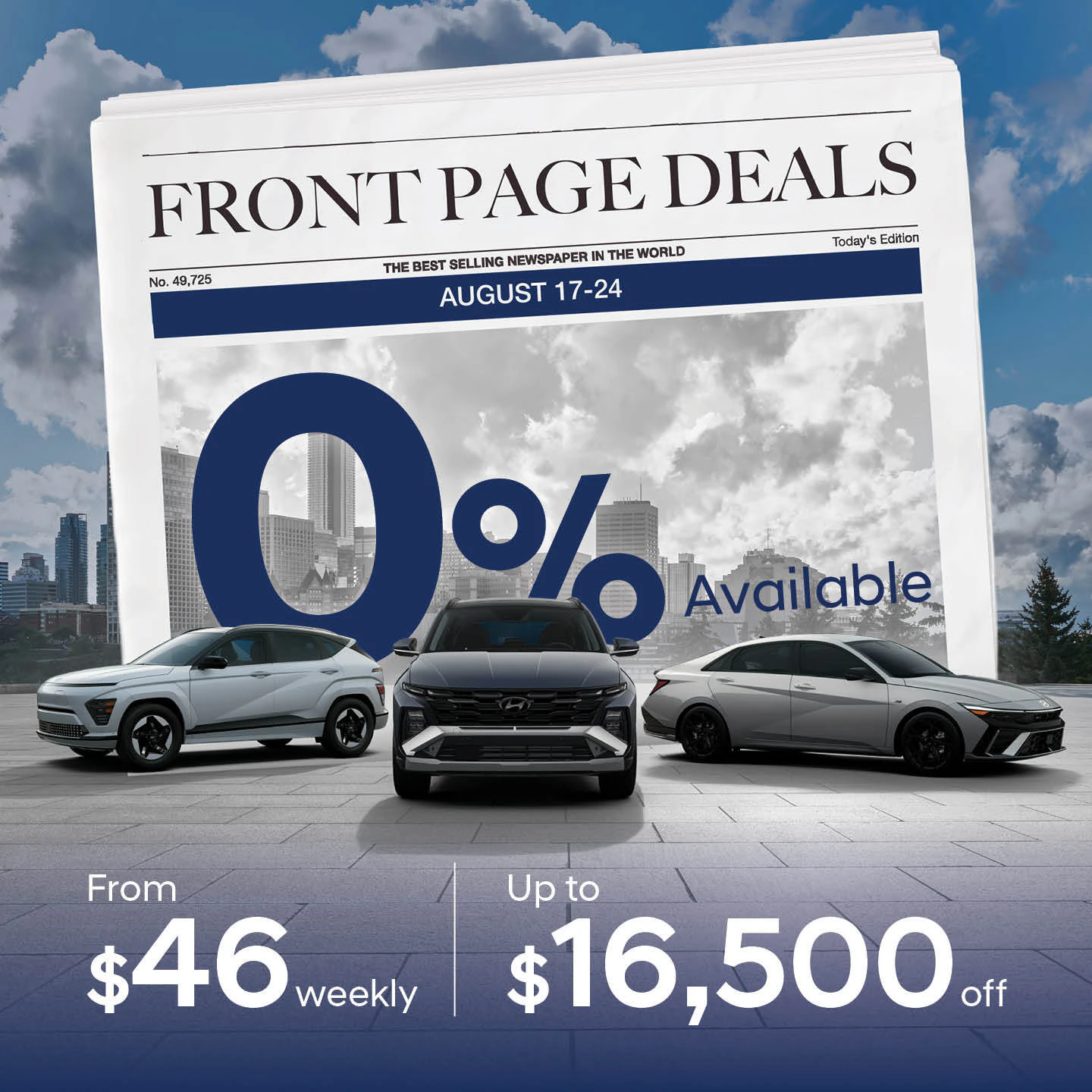 Northstar Hyundai Front Page Deals August 17-25 2026 rates from 0% payments from $46 weekly up to $16,500 off