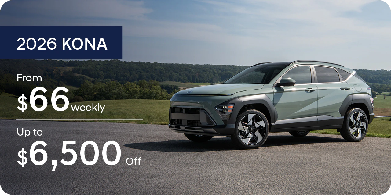 2026 Kona from $66 weekly or up to $6,500 off at Southtown Hyundai, Edmonton, Alberta.
