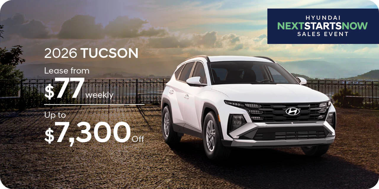Lease from $77 weekly or up to $7,300 off on the 2026 Tucson at Southtown Hyundai, Edmonton AB.