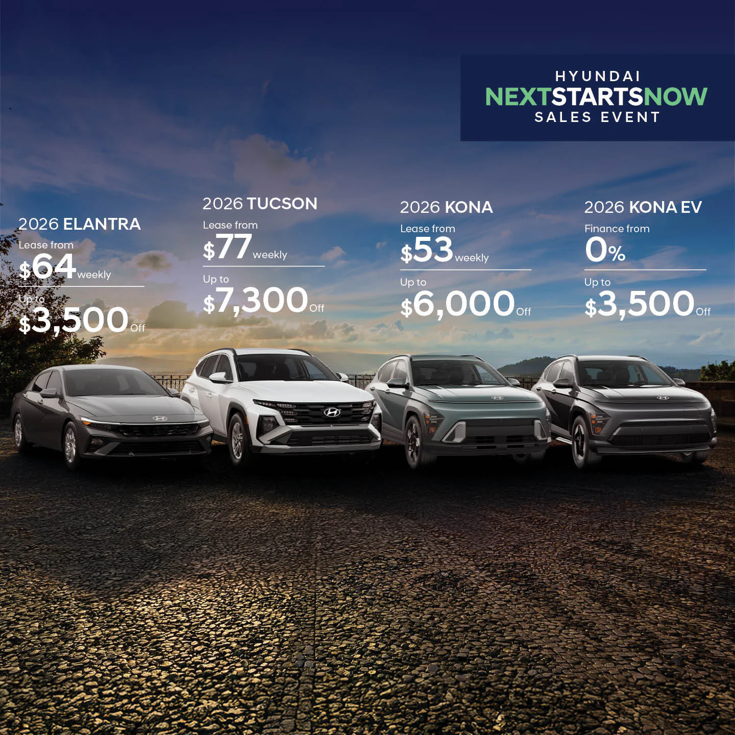 Lease from $64 weekly or up to $3,500 off on the 2026 Elantra. Lease from $77 weekly or up to $7,300 off on the 2026 Tucson. Lease from $53 weekly or up to $6,000 off on the 2026 Kona. Finance from 0% or up to $3,500 off on the 2026 Kona EV at Southtown Hyundai, Edmonton AB.