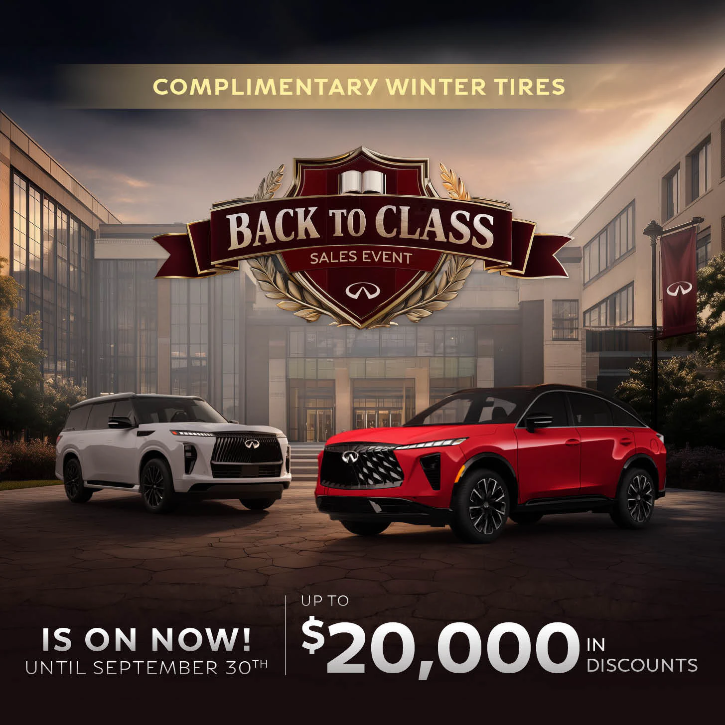 Infiniti South Edmonton Back to Class Landing Page Graphic featuring a QX80 and QX65 letting people know the sale is on until September 30th and that there is $20,000 in discounts.