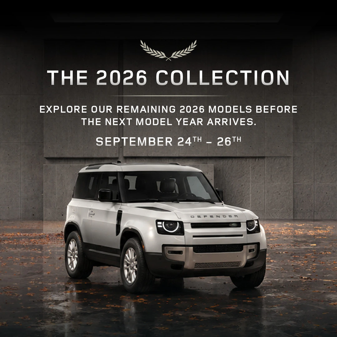 Promotional graphic for The 2026 Collection, featuring a white Land Rover Defender in a dark showroom with autumn leaves. Text announces remaining 2026 models available September 24–26 before the next model year arrives.