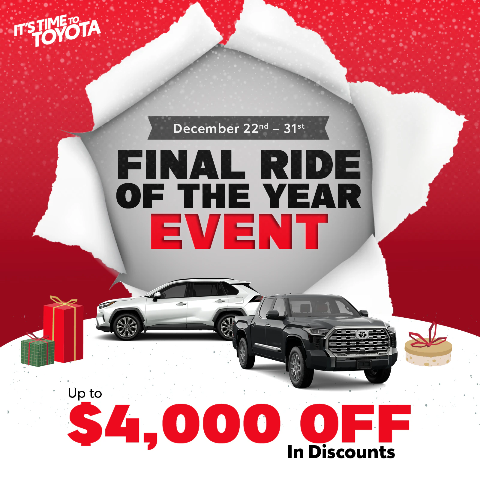 Toyota Final Ride of the Year Event promotion offering up to $4,000 off discounts December 22-31