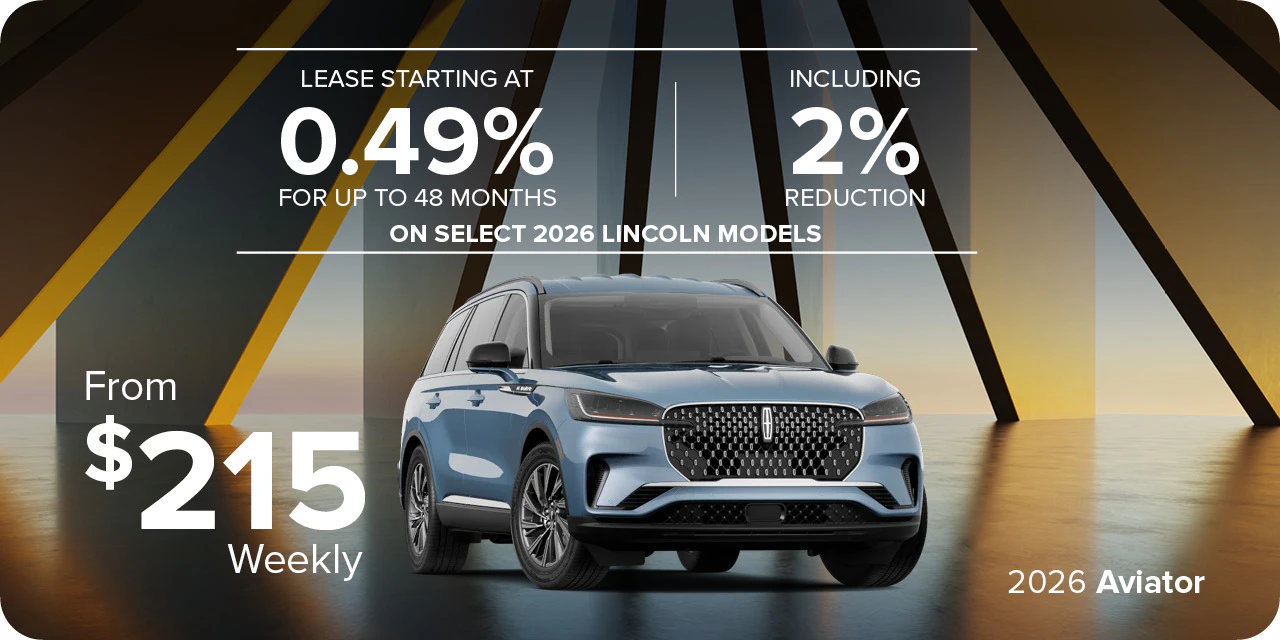 Payments from $215 weekly for the 2026 Aviator at Merlin Lincoln, Saskatoon SK. Lease from 0.49% for up to 48 months with 2% reduction applied on select 2026 models.