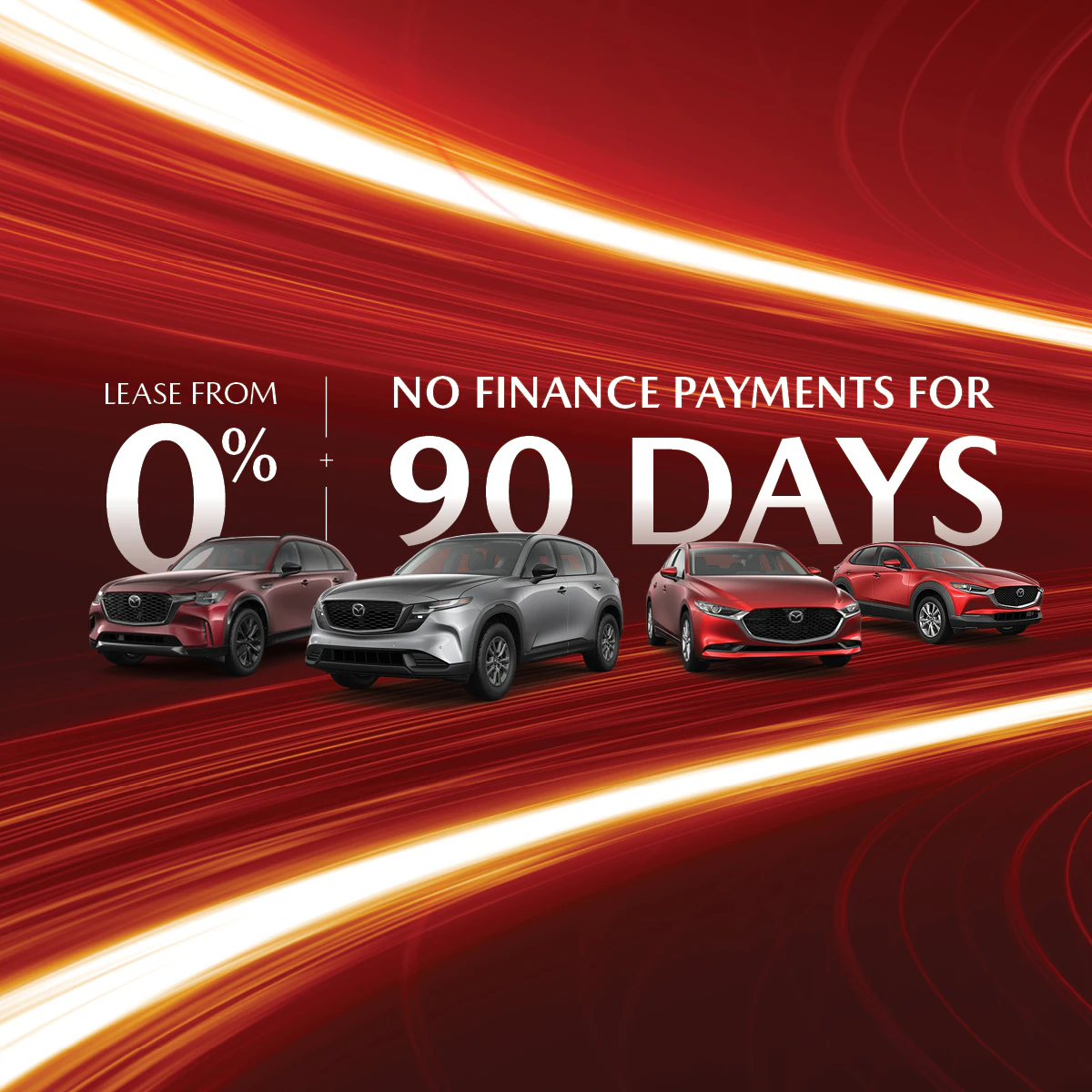 Lease from 0% or get 90 days of no Finance payments. 2026 CX-90 from $109 weekly, 2026 CX-5 from $85 weekly and 2026 Mazda3 from $79 weekly at Go Mazda in Edmonton, Alberta.