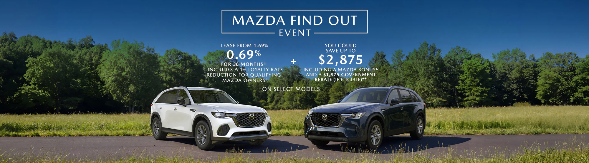 Mazda Find Out Event. Lease from 0.69% for 36 months. Includes a 1% loyalty rate reduction for qualifying Mazda owners plus save up to $2,875. Including a Mazda bonus and a $1,875 government rebate, if eligible, on select models.