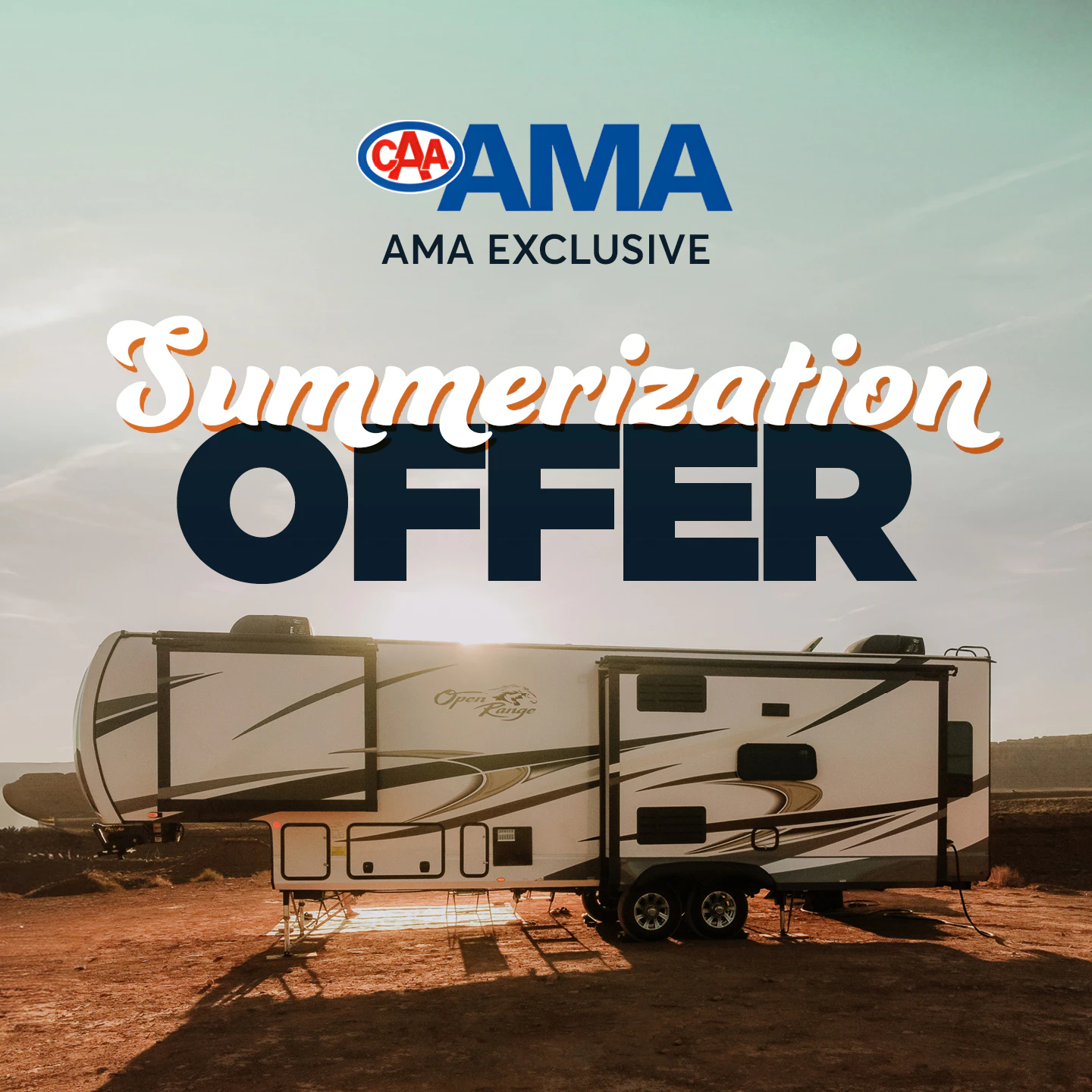 CAA AMA exclusive summerization offer featuring travel trailers parked in desert landscape