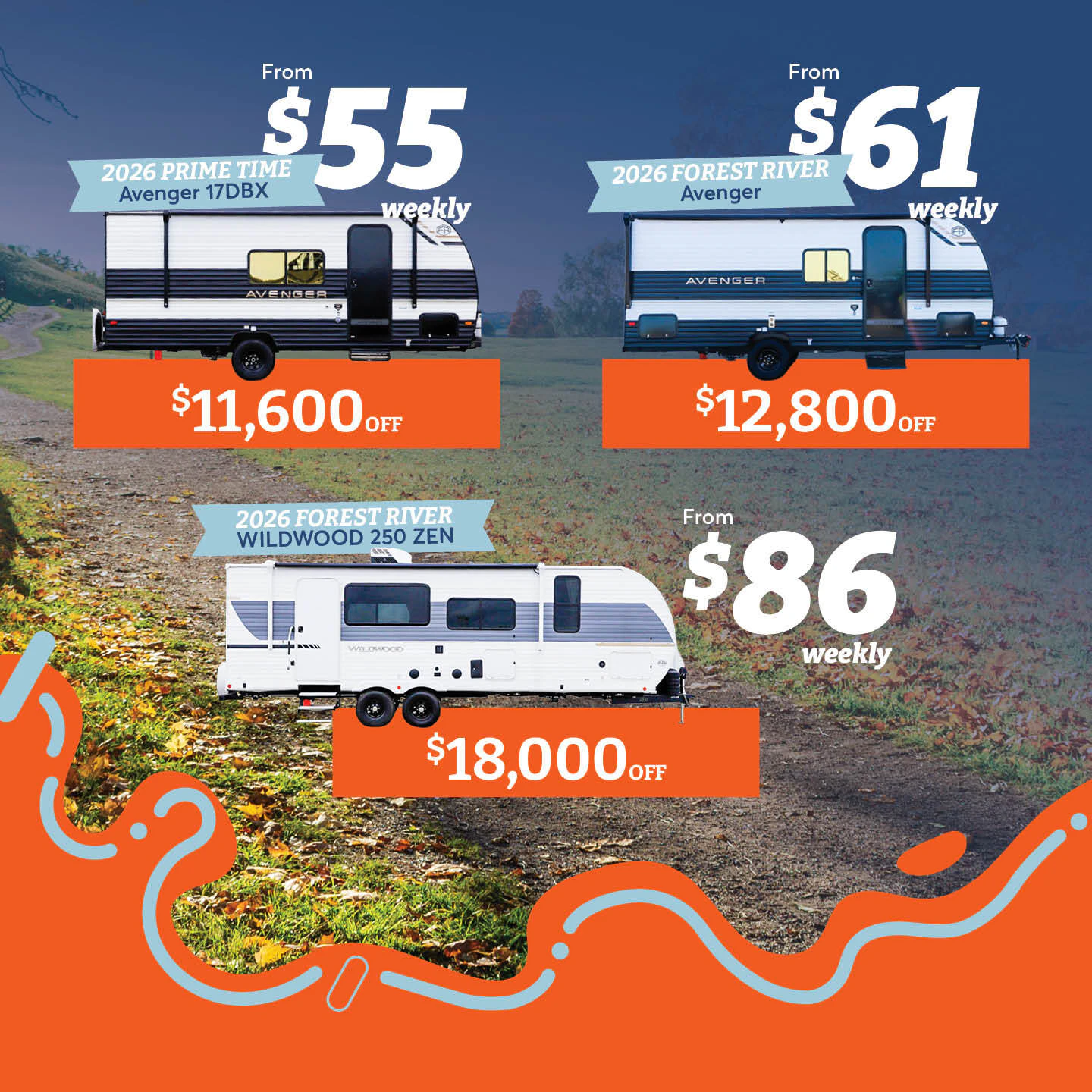Go RV Edmonton and Leduc, New and Used RVs for sale, from $51 weekly, with units like Prime Time, Forest River and Wildwood, up to $18,000 Off