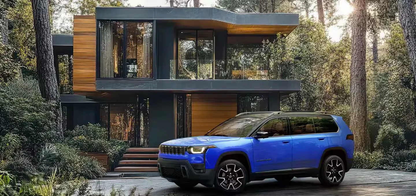 2026 Jeep Cherokee parked in front of modern home with wood and dark exterior