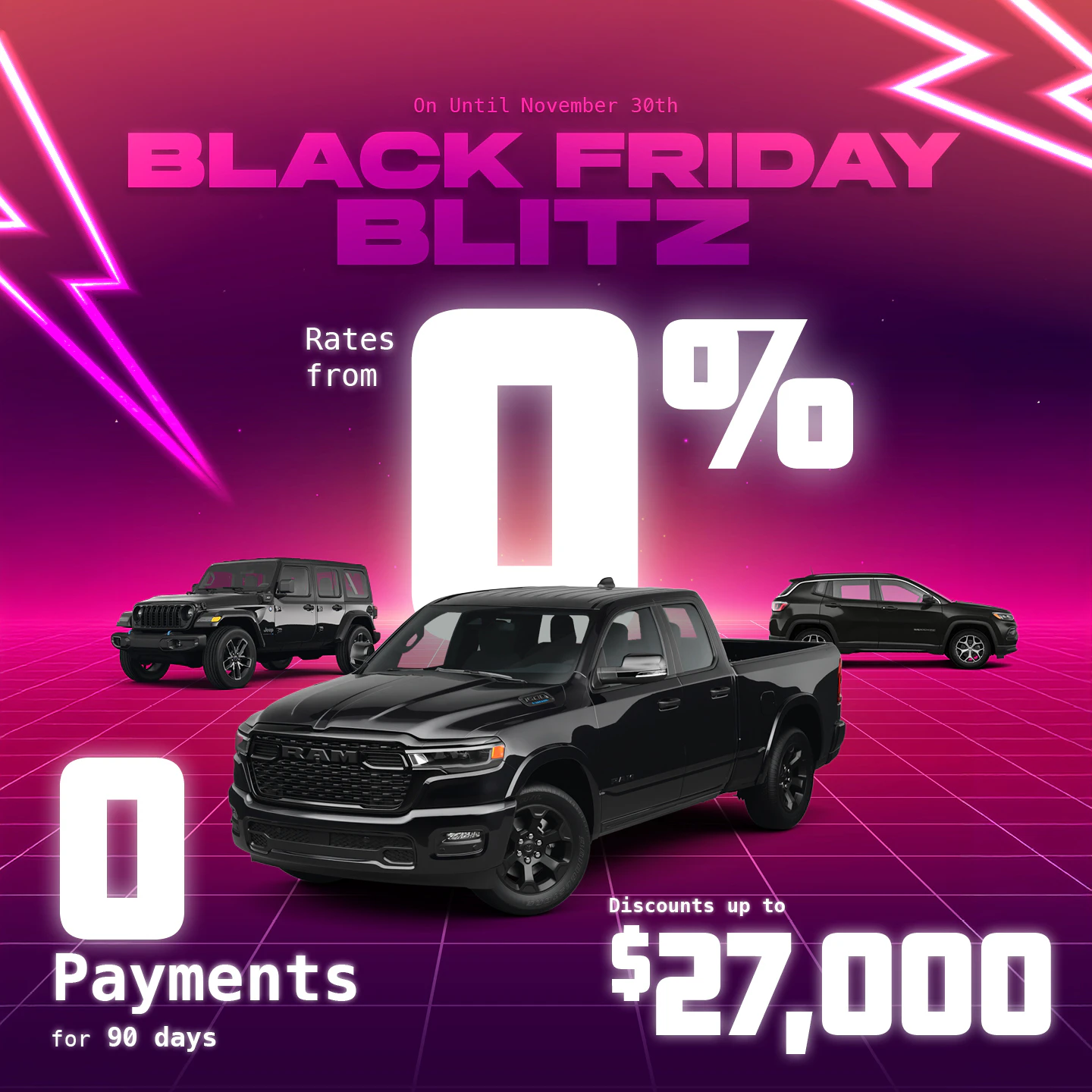 Black Friday Blitz sale featuring three vehicles with zero percent financing rates and discounts up to $27,000