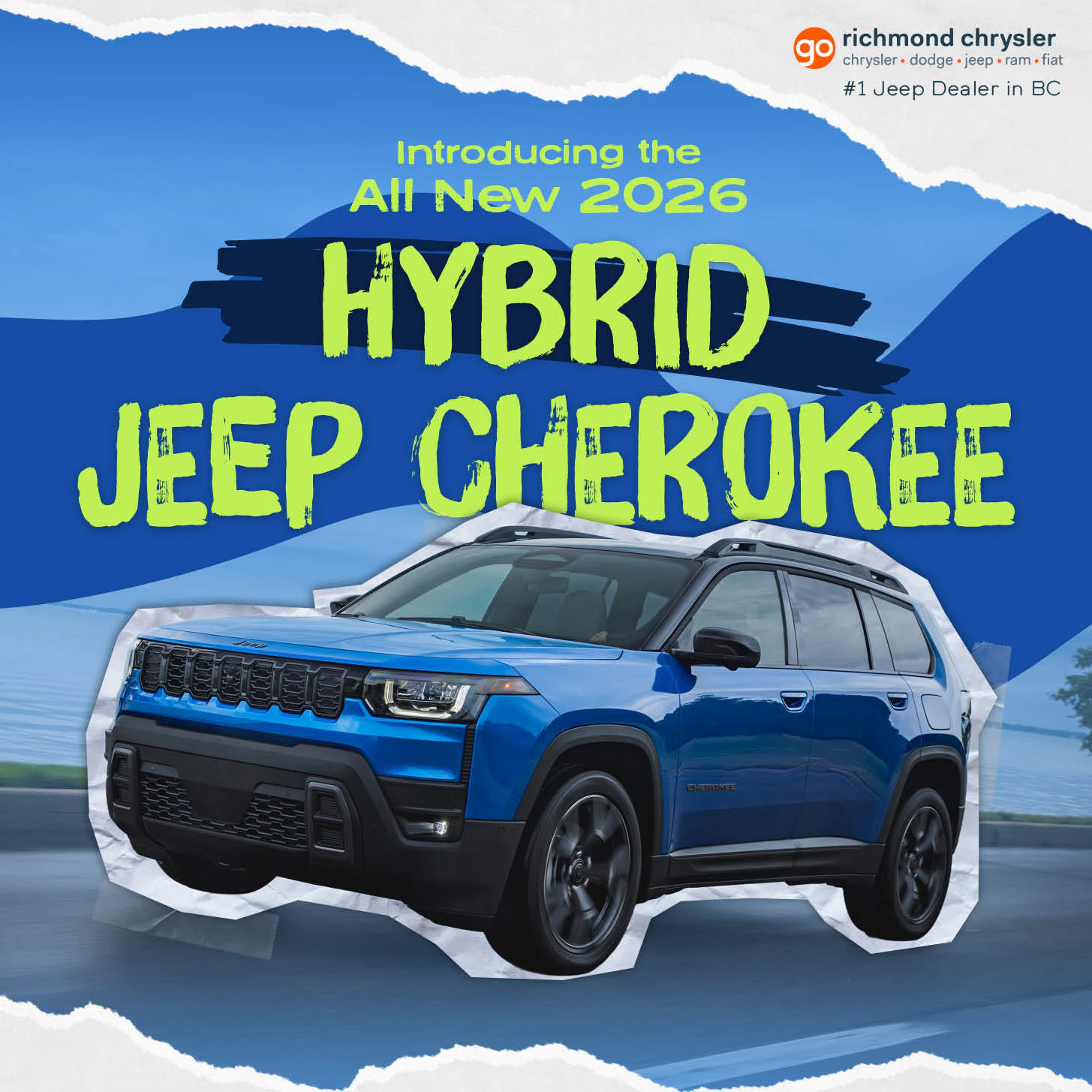2026 Jeep Hybrid Cherokee in blue on mountain background at Richmond Chrysler