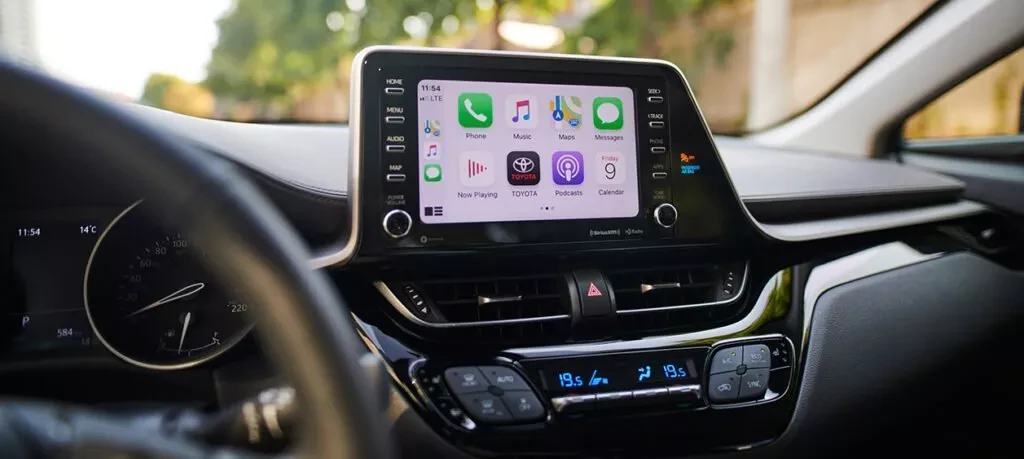 Interior of a Toyota C HR where you see the navigation screen