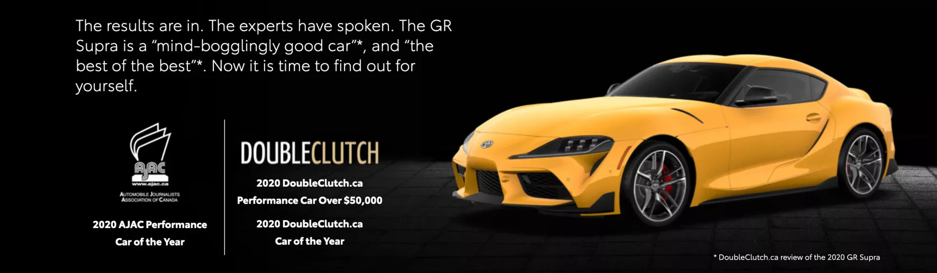 Toyota GR Supra won the 2020 Double Clutch award. Yellow Toyota