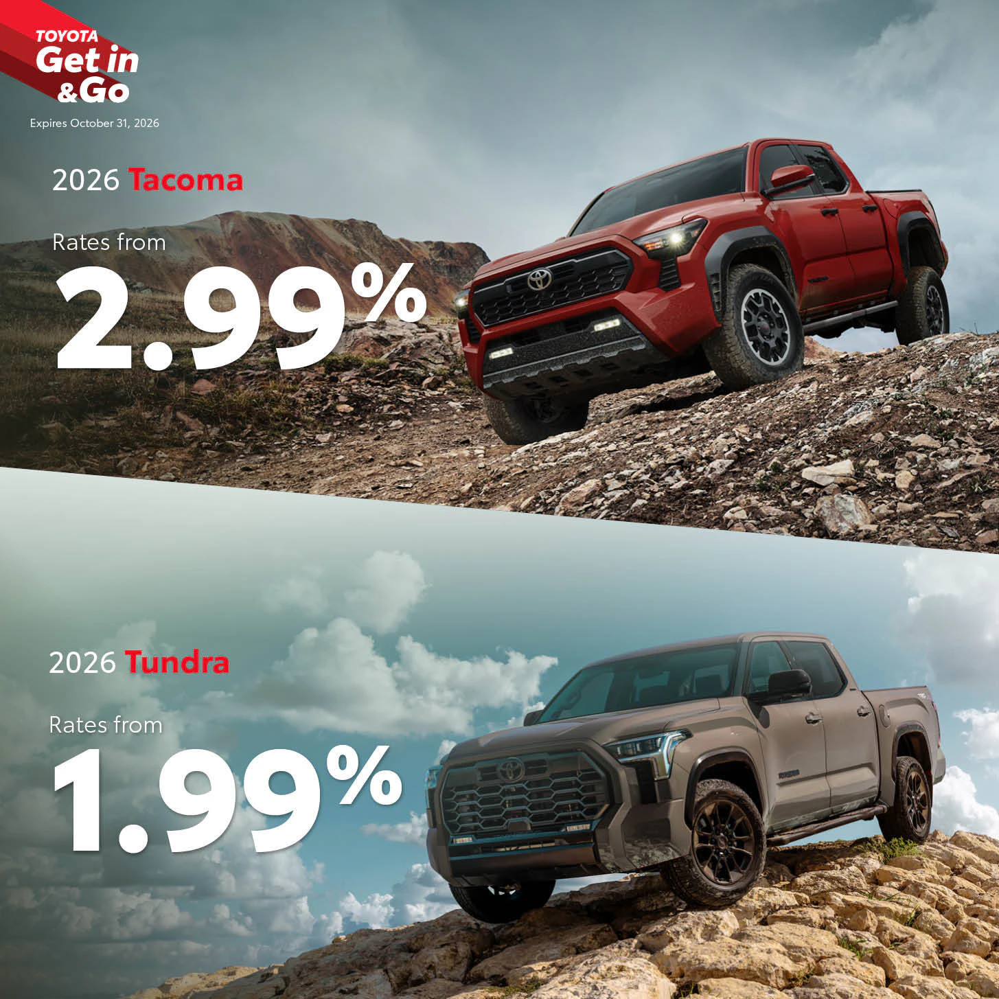 Drayton Valley Toyota has low rates all throughout October! Get into the 2026 Tundra with rates as low as 1.99%. Get into the 2026 Tacoma with rates as low as 2.99%.