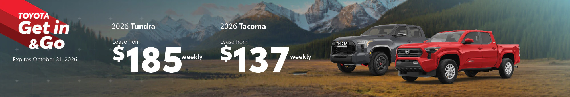 Drayton Valley Toyota September Offers: Lease a 2026 Tundra from $185 weekly or a 2026 Tacoma from $137 weekly. Offers expire September 30, 2026.