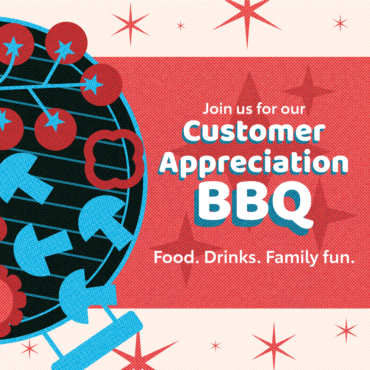 Customer Appreciation BBQ promotional graphic with grill illustration and event details