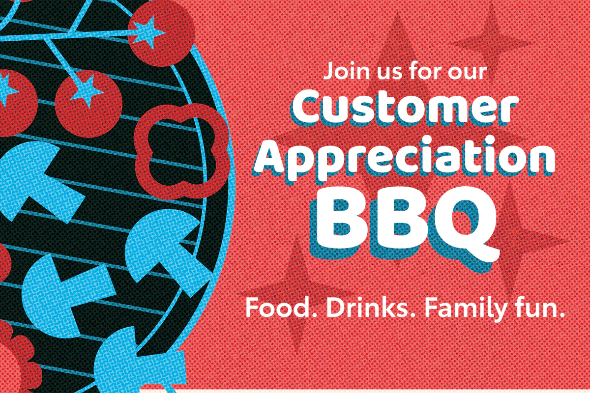 Customer Appreciation BBQ promotional graphic with grill illustration and event details
