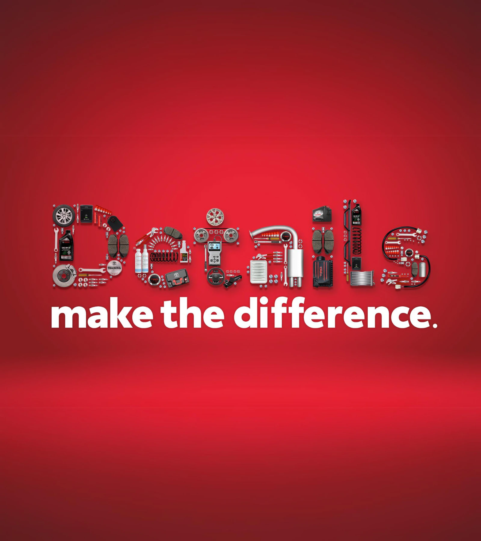 Automotive parts and service components arranged to spell details with tagline make the difference